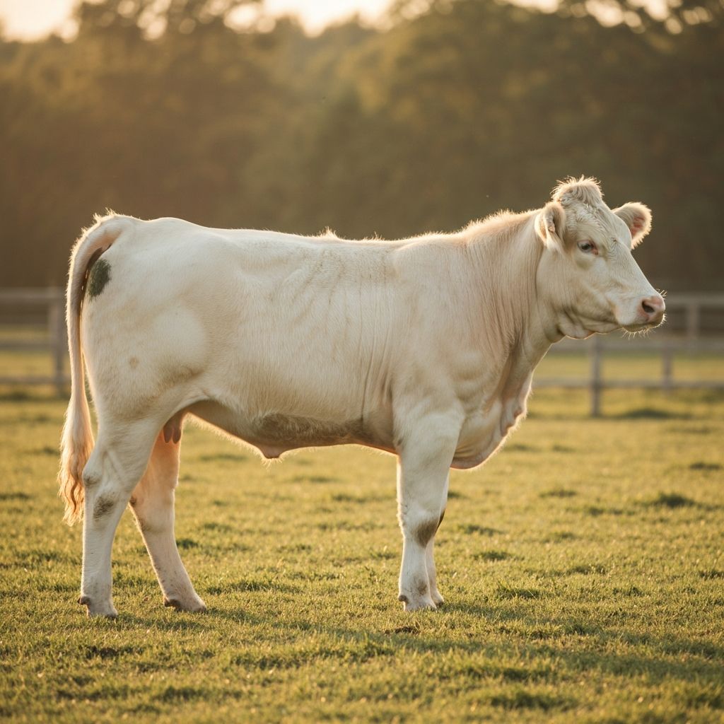A healthy white and beige Simmental cow on a clean farm