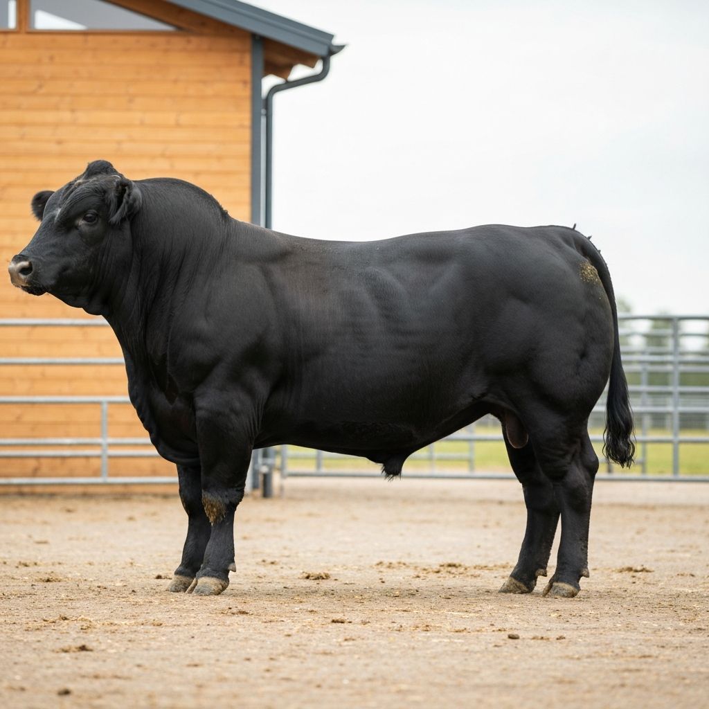 A premium Limousin bull on a modern farm
