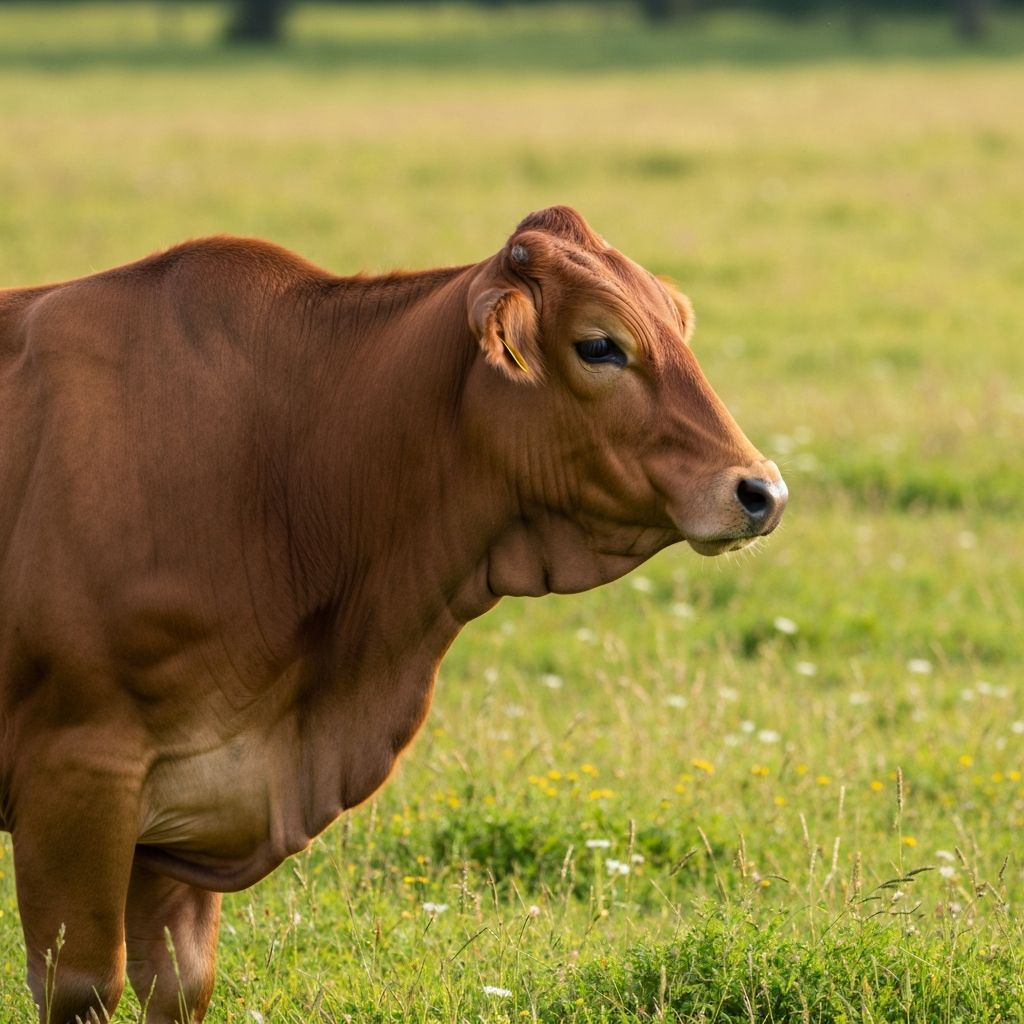 A healthy brown Brahman cow in a sunlit pasture