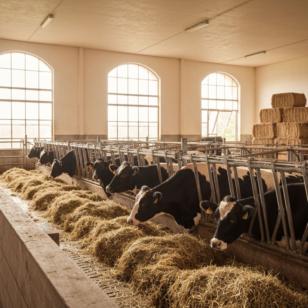 A clean modern cattle barn with healthy cows being cared for