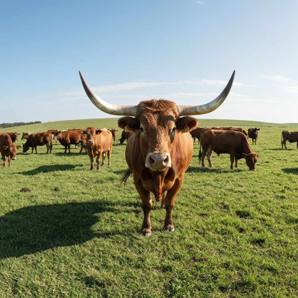 A healthy Qurban bull standing in a sunlit pasture